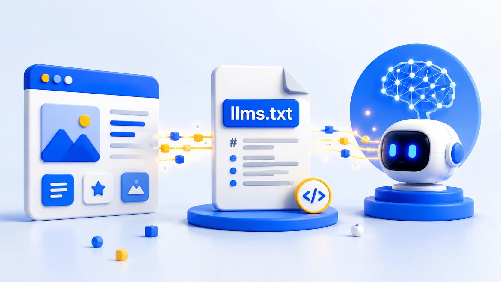 Illustrazione di una pagina web collegata tramite un documento llms.txt a un'icona di intelligenza artificiale, a rappresentare il file che aiuta gli assistenti AI a capire il contenuto di un sito