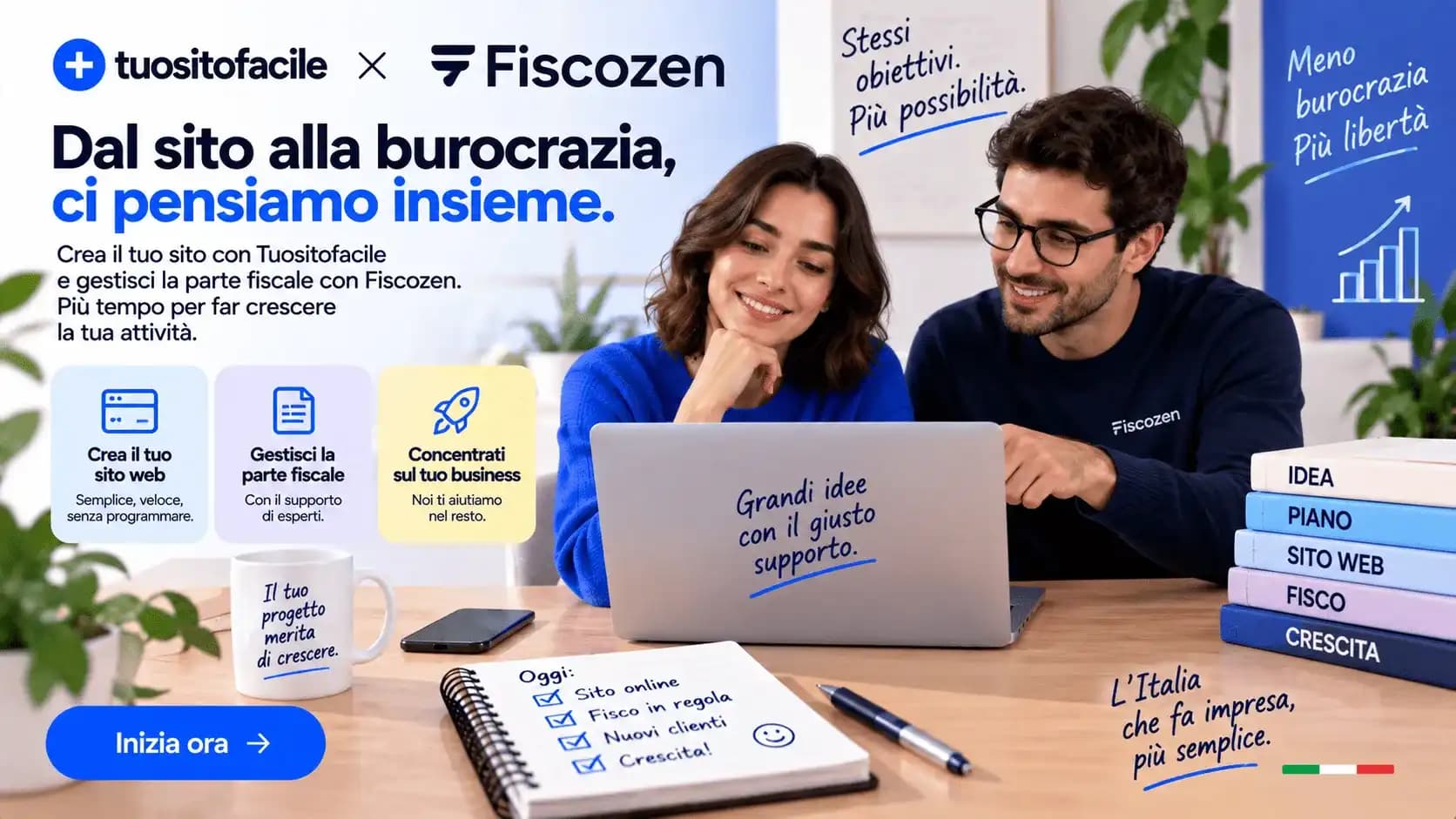 Grafica TuoSitoFacile e Fiscozen: due persone al laptop, a rappresentare il sito web e la gestione fiscale della nuova attività