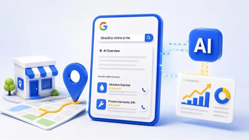 Smartphone con una ricerca Google che mostra un riquadro AI Overview sopra i risultati locali di idraulici nelle vicinanze