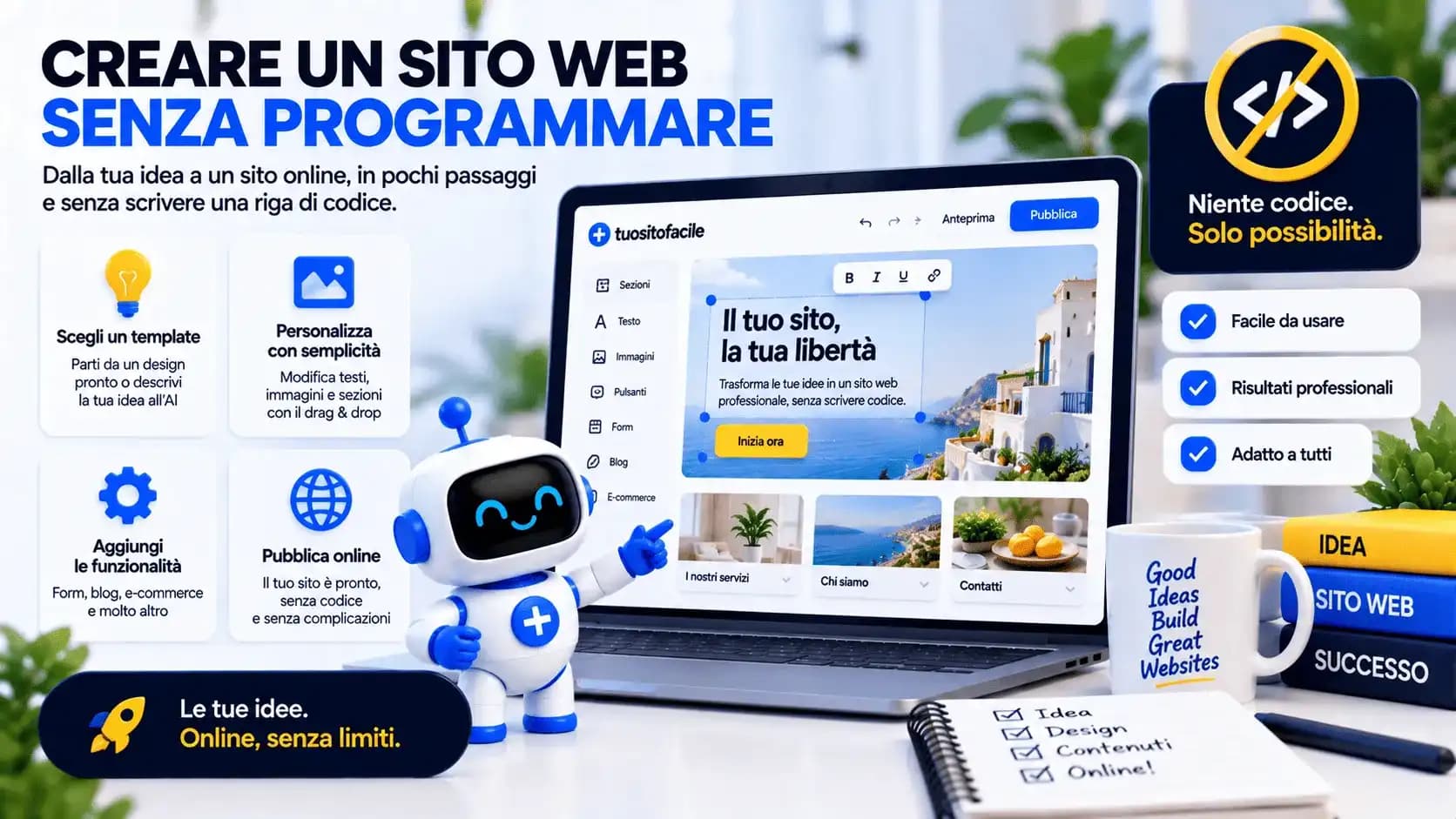 Grafica «Creare un sito web senza programmare» con un laptop che mostra l'editor di TuoSitoFacile e un robot assistente