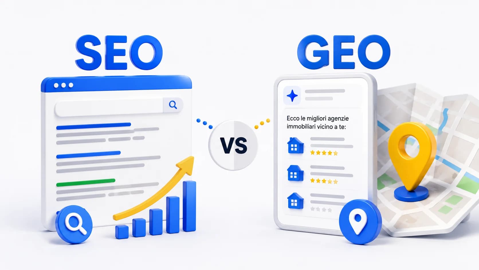 Confronto visivo tra un risultato di ricerca SEO tradizionale con grafico in crescita e una risposta generata da un assistente AI con un elenco di agenzie immobiliari consigliate