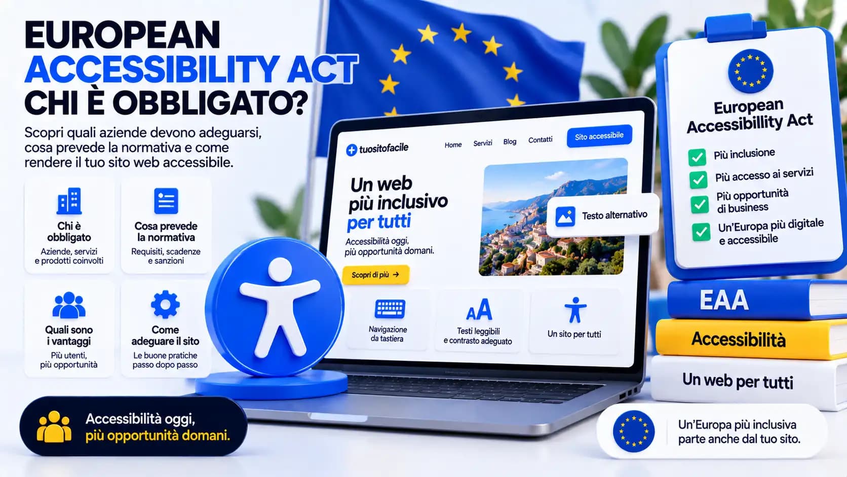 Scrivania con laptop e documenti, a rappresentare gli obblighi dell'European Accessibility Act per i siti web