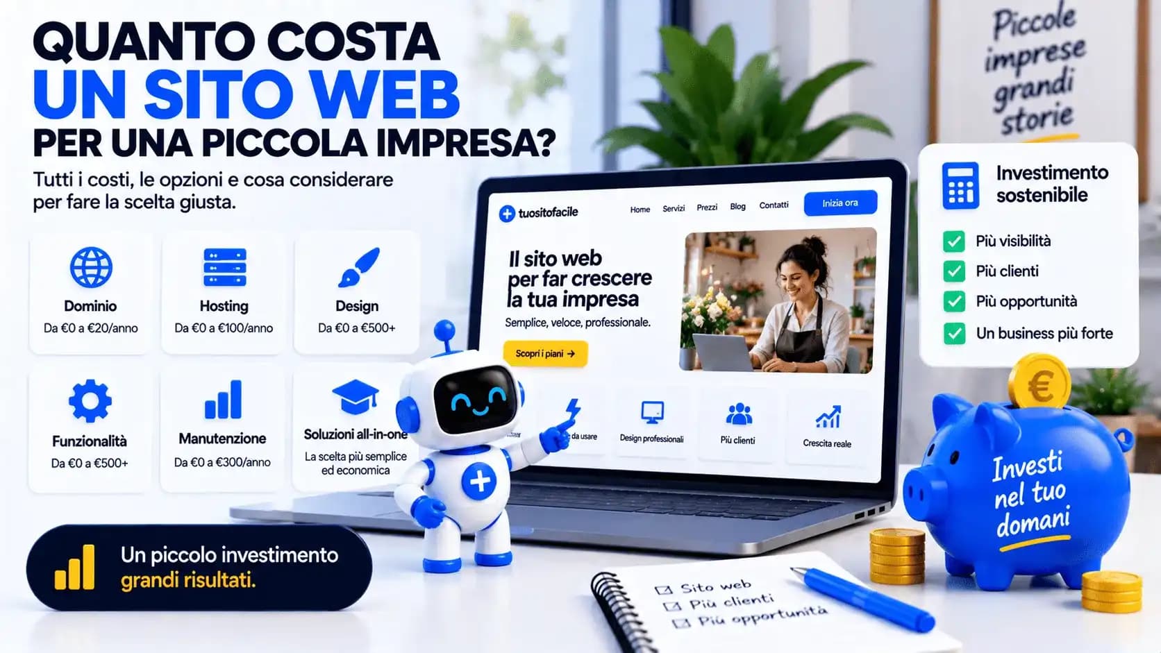 Grafica «Quanto costa un sito web per una piccola impresa?» con laptop, voci di costo e un salvadanaio