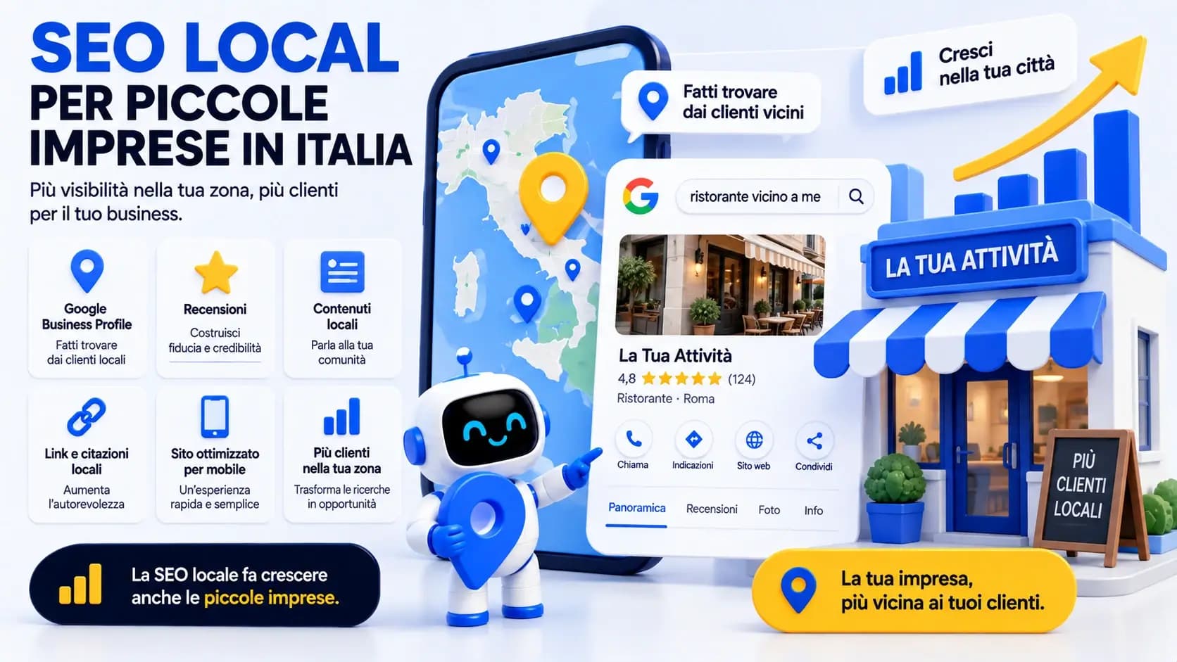 Scrivania con laptop che mostra una mappa e recensioni, a rappresentare la SEO locale per piccole imprese