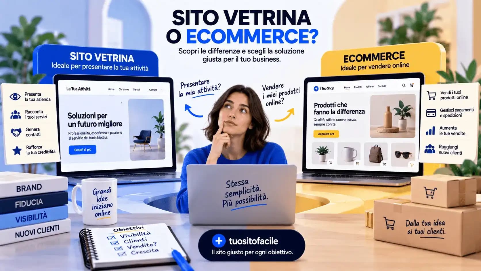 Grafica «Sito vetrina o ecommerce?» con due siti a confronto, uno vetrina e uno negozio online