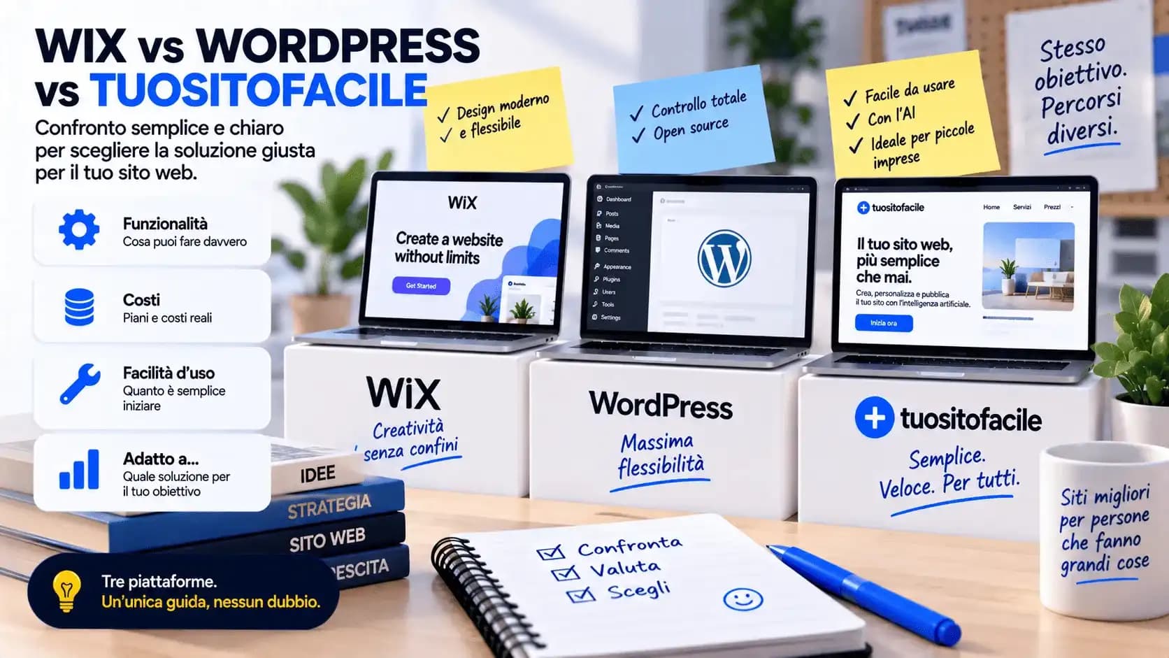 Grafica «Wix vs WordPress vs TuoSitoFacile» con tre laptop a confronto